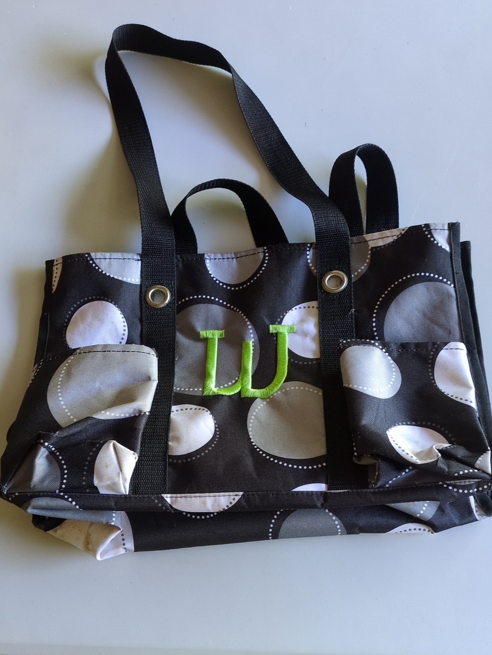 thirty-one Black and Gray Polka Dot Tote with Lime Monogram